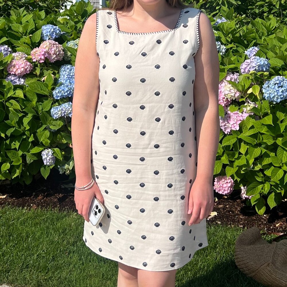 CYNTHIA ROWLEY Natural/Navy Seashell Embroidered Whipstitch Mini Sheath Dress